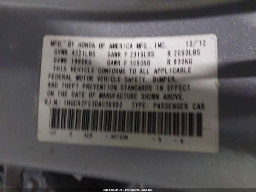 2013 Honda Accord Sport VIN: 1HGCR2F53DA036980 Lot: 43884109