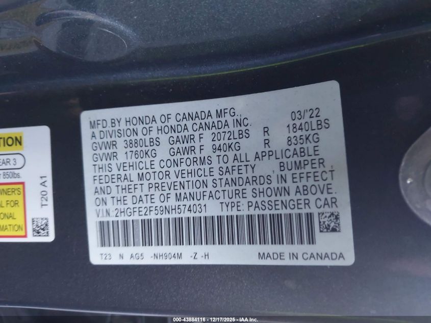 2022 Honda Civic Sport VIN: 2HGFE2F59NH574031 Lot: 43884116