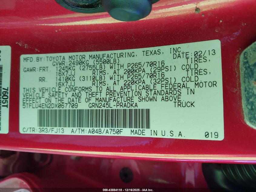 2013 Toyota Tacoma Base V6 VIN: 5TFLU4EN2DX067709 Lot: 43884118