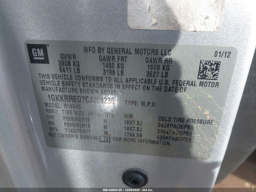 2012 GMC Acadia Slt-1 VIN: 1GKKRRED7CJ253236 Lot: 43884120