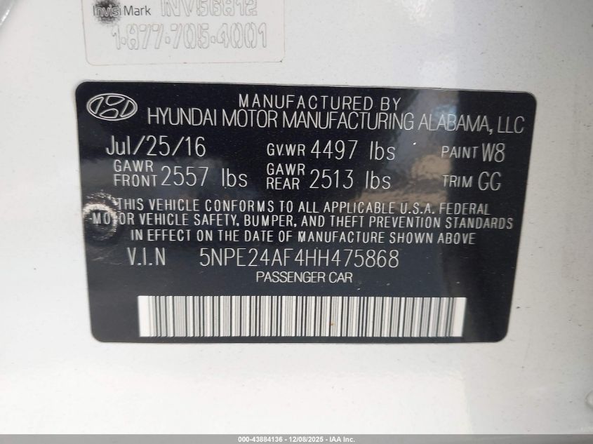 2017 Hyundai Sonata VIN: 5NPE24AF4HH475868 Lot: 43884136