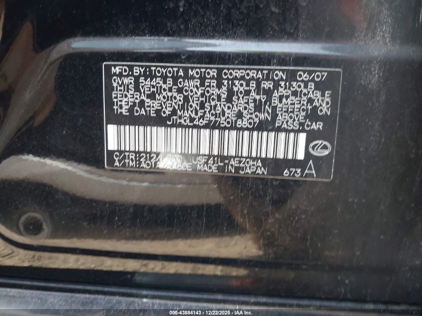 2007 Lexus Ls 460 L VIN: JTHGL46F775018807 Lot: 43884143