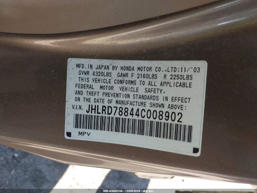 2004 Honda Cr-V Ex VIN: JHLRD78844C008902 Lot: 43884144