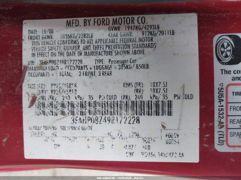 2009 Ford Fusion Sel VIN: 3FAHP08Z49R172228 Lot: 43884145