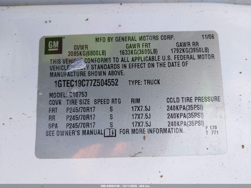 2007 GMC Sierra 1500 Work Truck VIN: 1GTEC19C77Z504552 Lot: 43884146