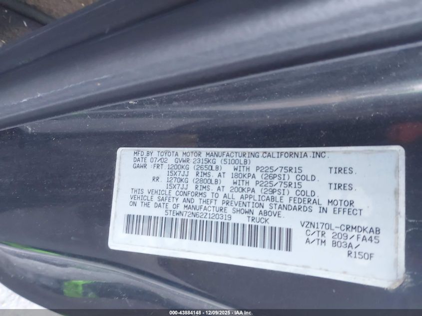 2002 Toyota Tacoma Base V6 VIN: 5TEWN72N62Z120319 Lot: 43884148