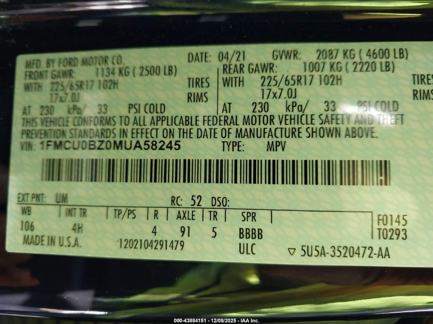 2021 Ford Escape Se Hybrid VIN: 1FMCU0BZ0MUA58245 Lot: 43884151