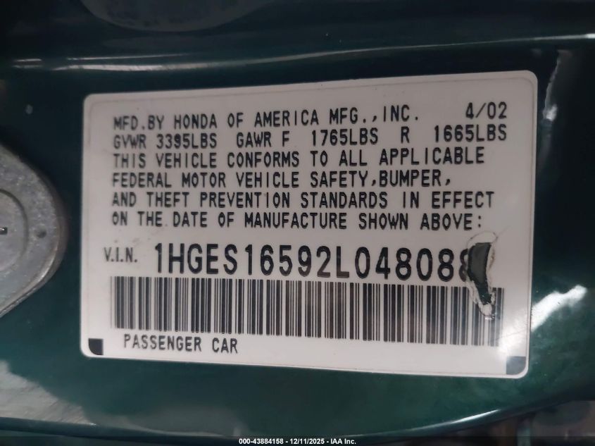 2002 Honda Civic Lx VIN: 1HGES16592L048088 Lot: 43884158