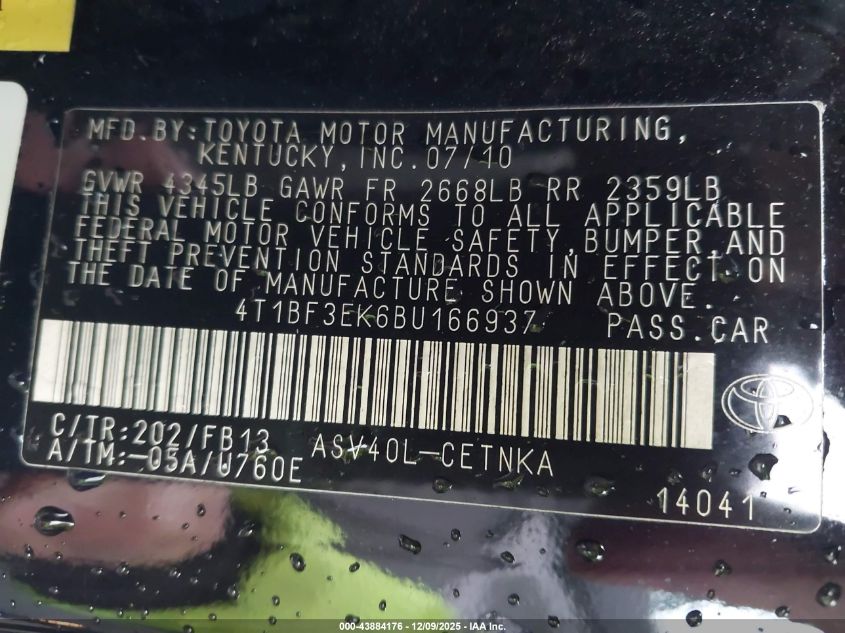 2011 Toyota Camry Le VIN: 4T1BF3EK6BU166937 Lot: 43884176