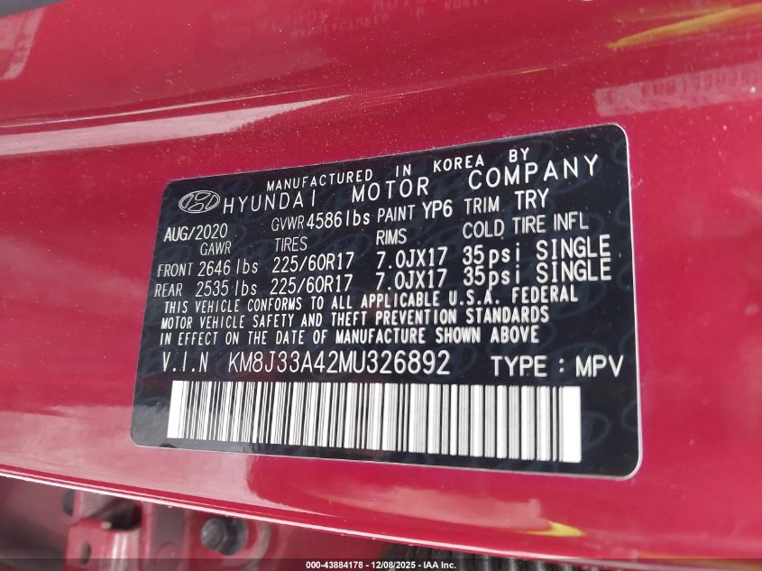 2021 Hyundai Tucson Value VIN: KM8J33A42MU326892 Lot: 43884178