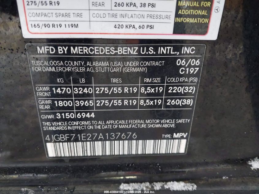 2007 Mercedes-Benz Gl 4Matic VIN: 4JGBF71E27A13767 Lot: 43884183