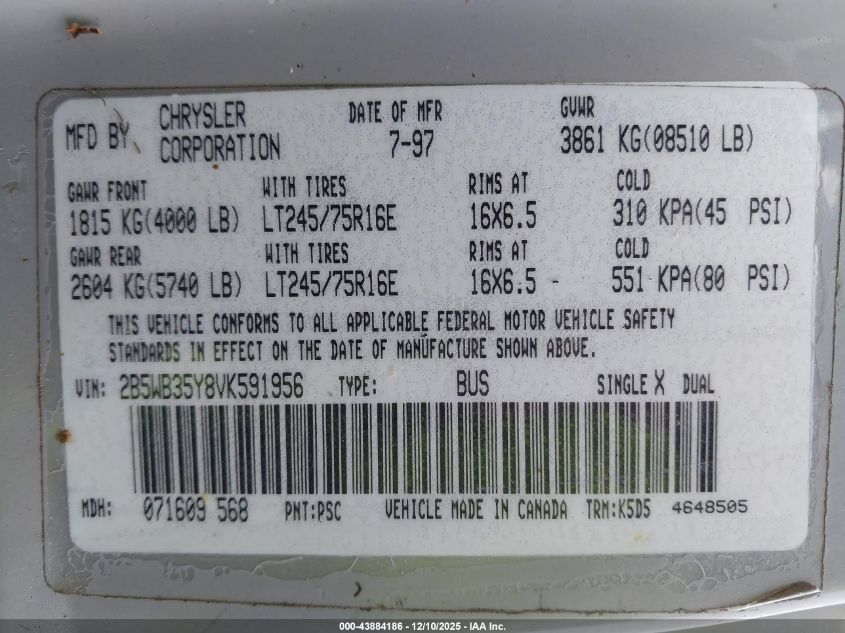 1997 Dodge Ram 3500 Value VIN: 2B5WB35Y8VK591956 Lot: 43884186