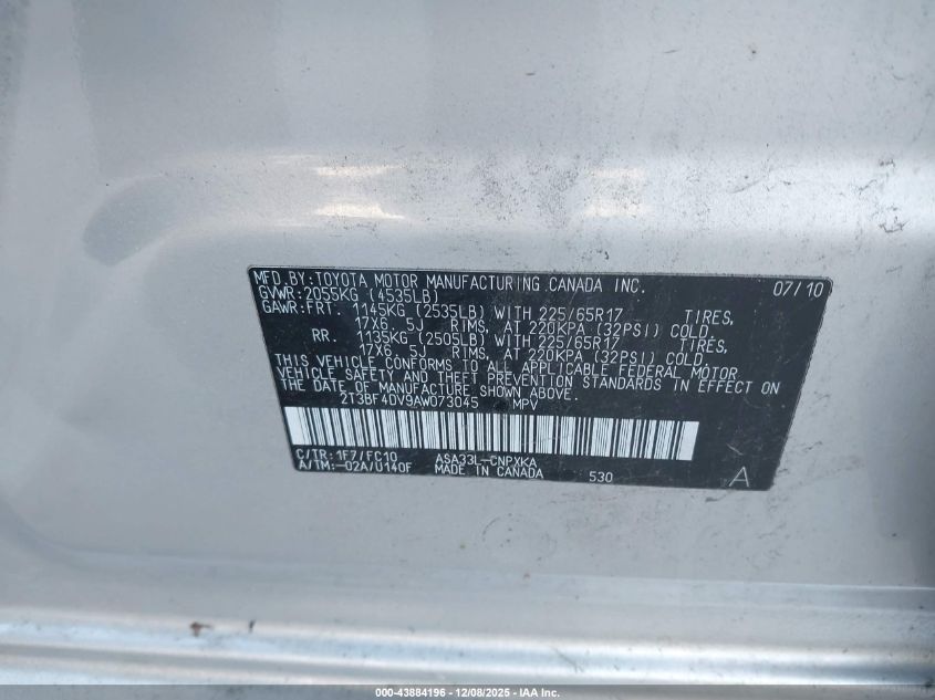 2010 Toyota Rav4 VIN: 2T3BF4DV9AW073045 Lot: 43884196