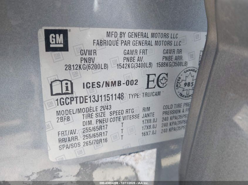 2018 Chevrolet Colorado Z71 VIN: 1GCPTDE13J1151148 Lot: 43884206