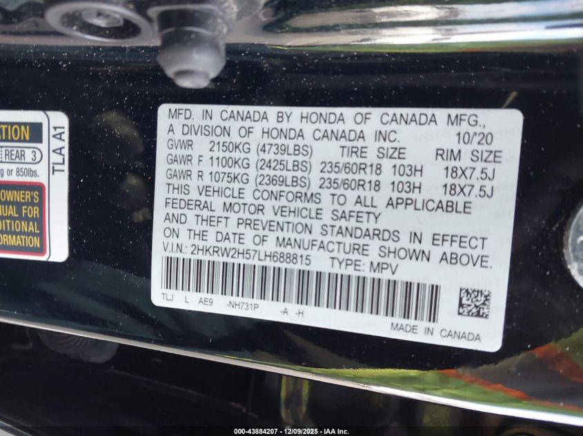 2020 Honda Cr-V Awd Ex VIN: 2HKRW2H57LH688815 Lot: 43884207