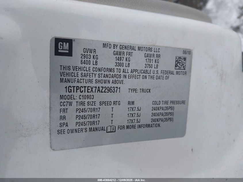 2010 GMC Sierra 1500 Work Truck VIN: 1GTPCTEX7AZ296371 Lot: 43884212