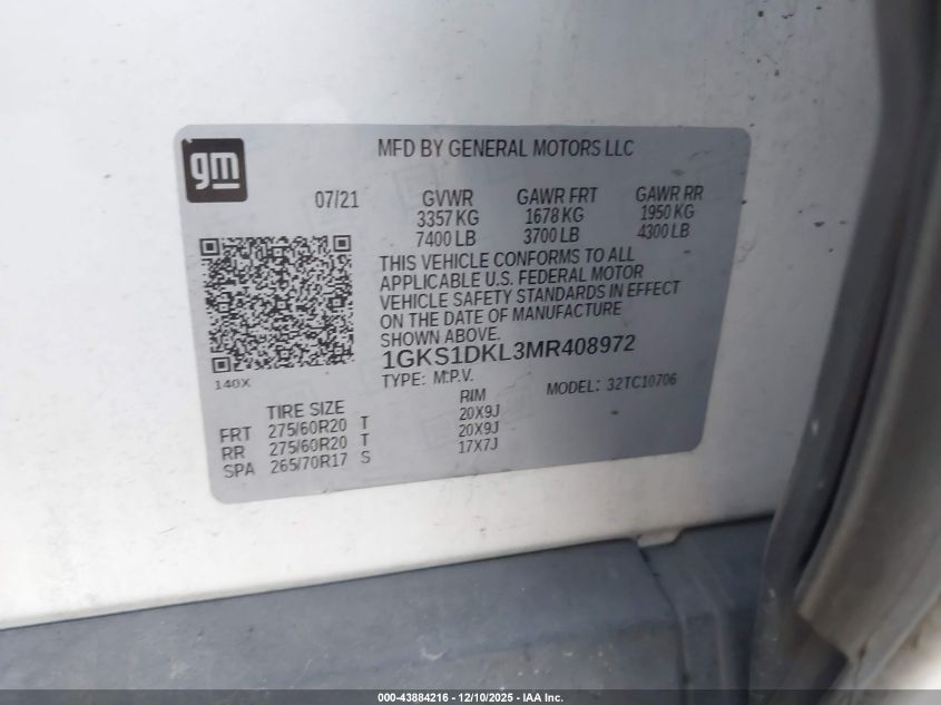 2021 GMC Yukon 2Wd Denali VIN: 1GKS1DKL3MR408972 Lot: 43884216