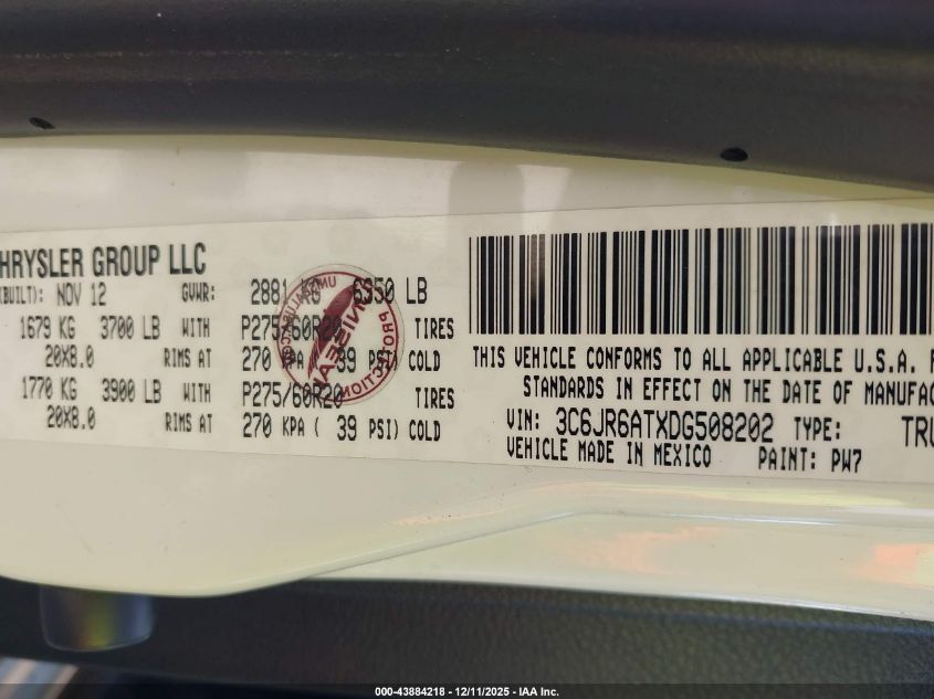 2013 Ram 1500 Express VIN: 3C6JR6ATXDG508202 Lot: 43884218