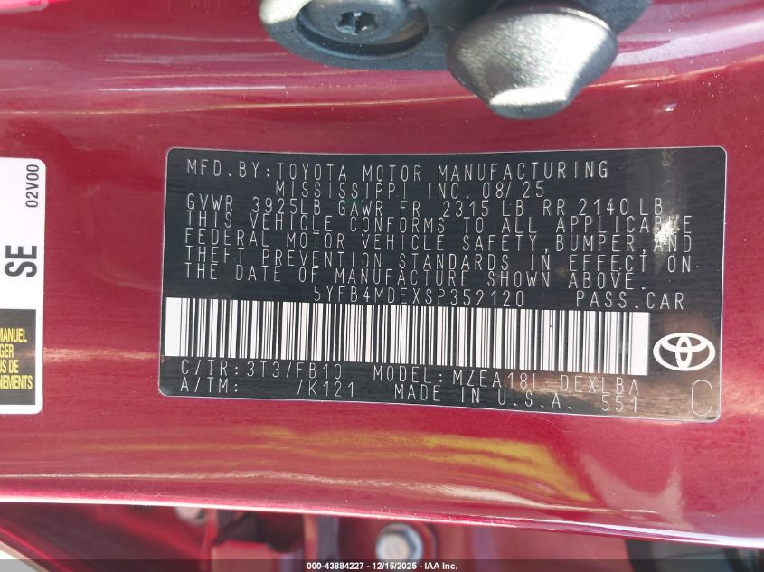 2025 Toyota Corolla Le VIN: 5YFB4MDEXSP352120 Lot: 43884227