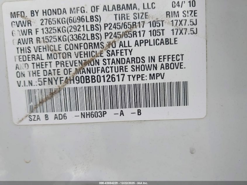 2011 Honda Pilot Touring VIN: 5FNYF4H90BB012617 Lot: 43884229