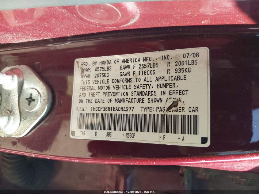 2008 Honda Accord 3.5 Ex-L VIN: 1HGCP36818A084277 Lot: 43884249