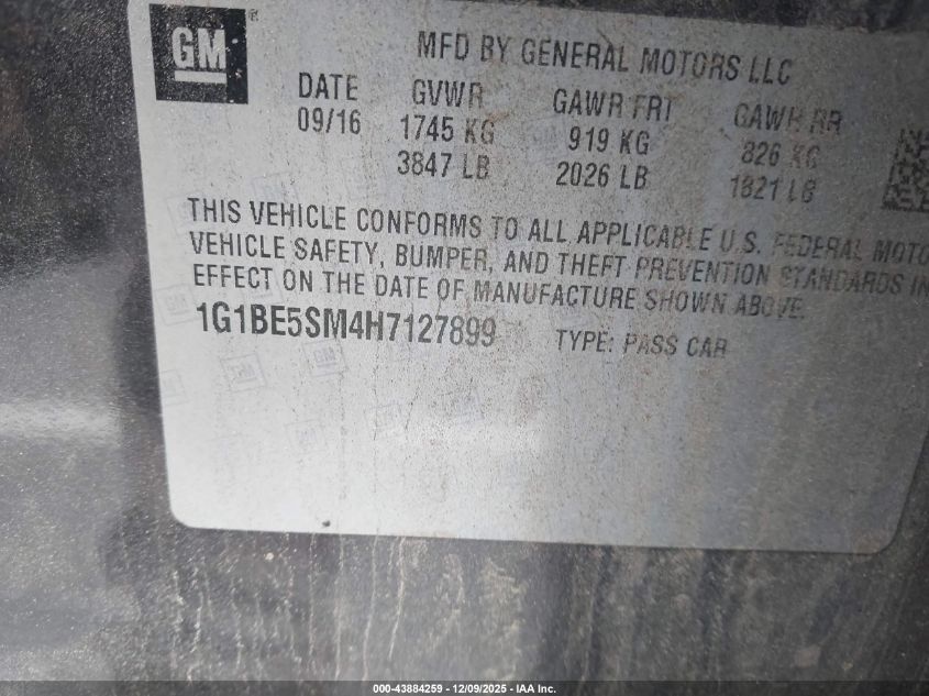 2017 Chevrolet Cruze Lt Auto VIN: 1G1BE5SM4H7127899 Lot: 43884259