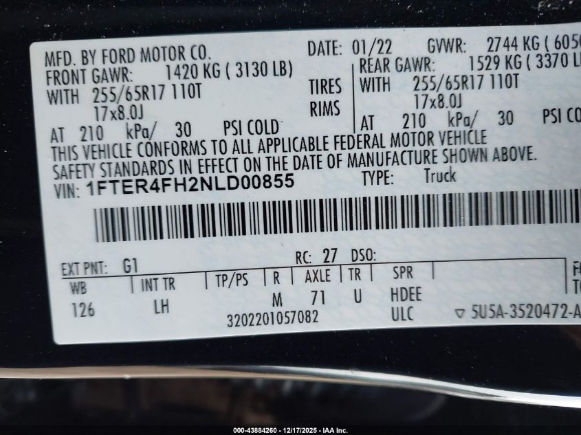 2022 Ford Ranger Xl VIN: 1FTER4FH2NLD00855 Lot: 43884260