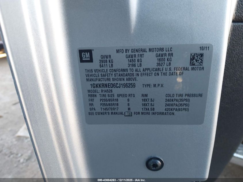 2012 GMC Acadia Sl VIN: 1GKKRNED6CJ196259 Lot: 43884263