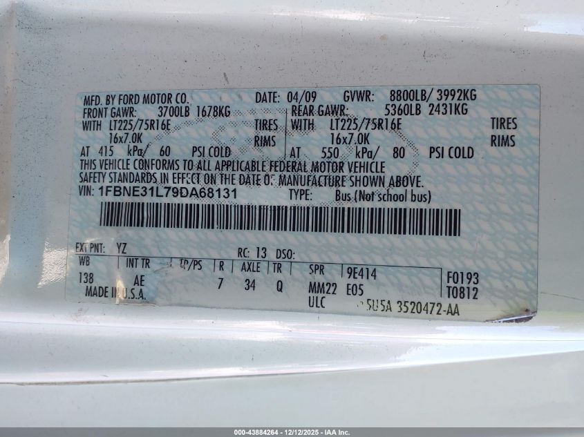 2009 Ford E-350 Super Duty Xl/Xlt VIN: 1FBNE31L79DA68131 Lot: 43884264