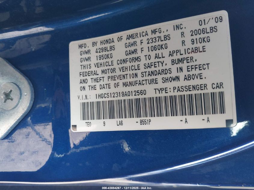 2009 Honda Accord 2.4 Lx-S VIN: 1HGCS12319A012560 Lot: 43884267