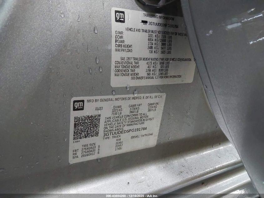 2023 GMC Sierra 1500 VIN: 3GTUUDED5PG191784 Lot: 43884268