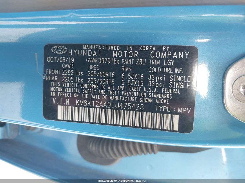 2020 Hyundai Kona Se VIN: KM8K12AA9LU475423 Lot: 43884272