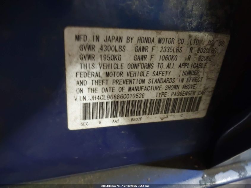 2006 Acura Tsx VIN: JH4CL96886C013526 Lot: 43884273