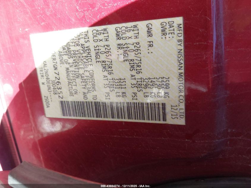 2016 Nissan Frontier Desert Runner VIN: 1N6AD0ER7GN726352 Lot: 43884274