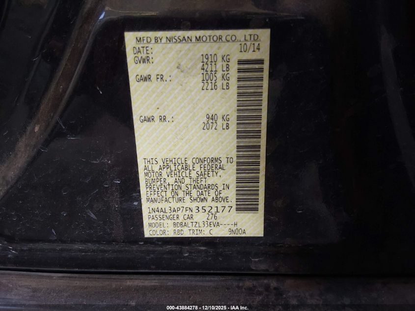 2015 Nissan Altima 2.5 Sl VIN: 1N4AL3AP7FN352177 Lot: 43884278