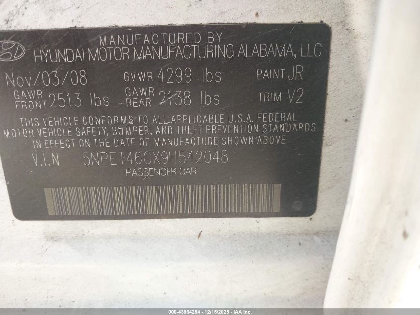 2009 Hyundai Sonata Gls VIN: 5NPET46CX9H542048 Lot: 43884284