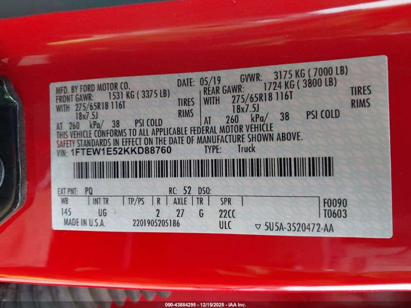 2019 Ford F-150 Xlt VIN: 1FTEW1E52KKD88760 Lot: 43884295