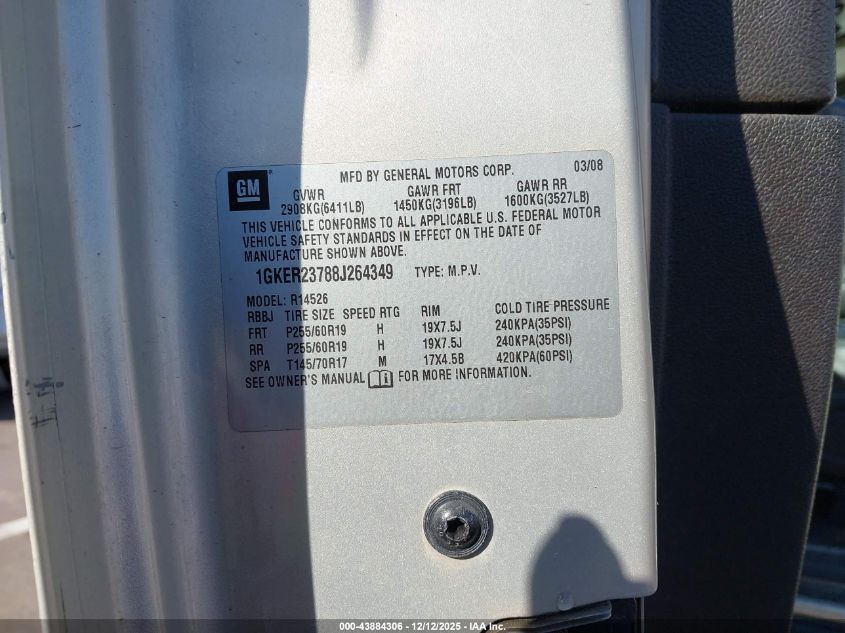 2008 GMC Acadia Slt-1 VIN: 1GKER23788J264349 Lot: 43884306
