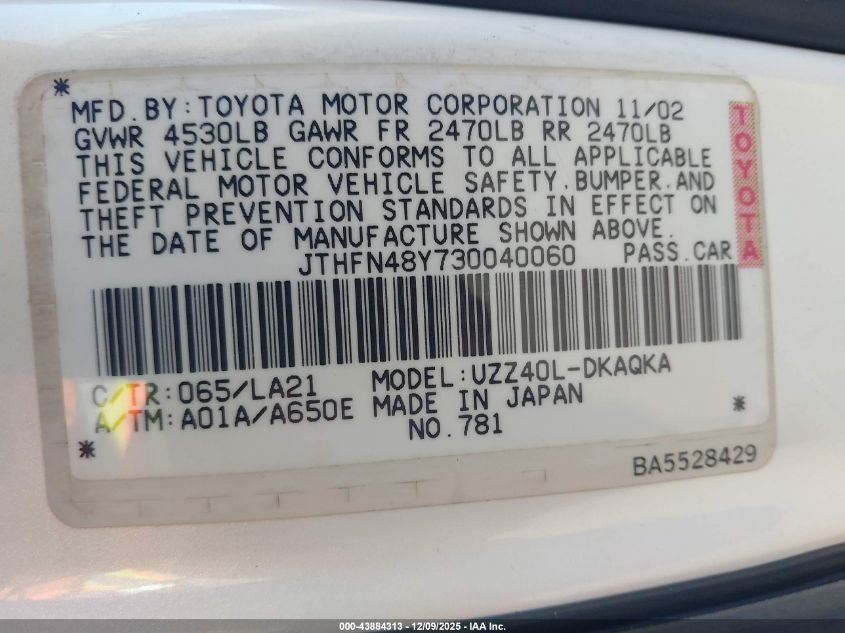 2003 Lexus Sc 430 VIN: JTHFN48Y730040060 Lot: 43884313