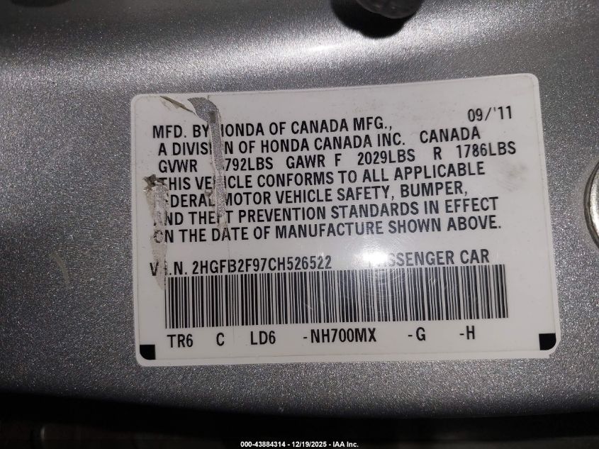 2012 Honda Civic Ex-L VIN: 2HGFB2F97CH526522 Lot: 43884314