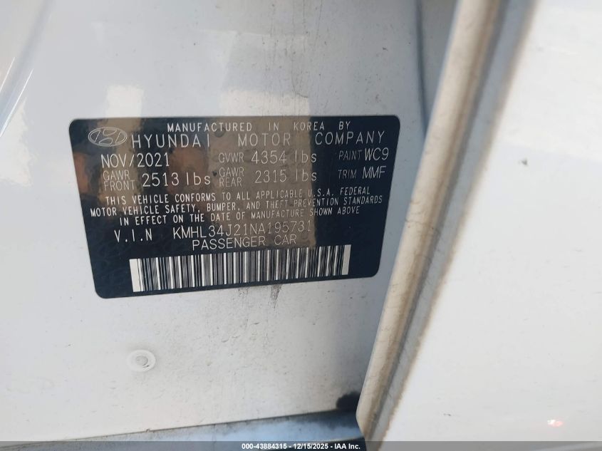 2022 Hyundai Sonata Limited VIN: KMHL34J21NA195731 Lot: 43884315