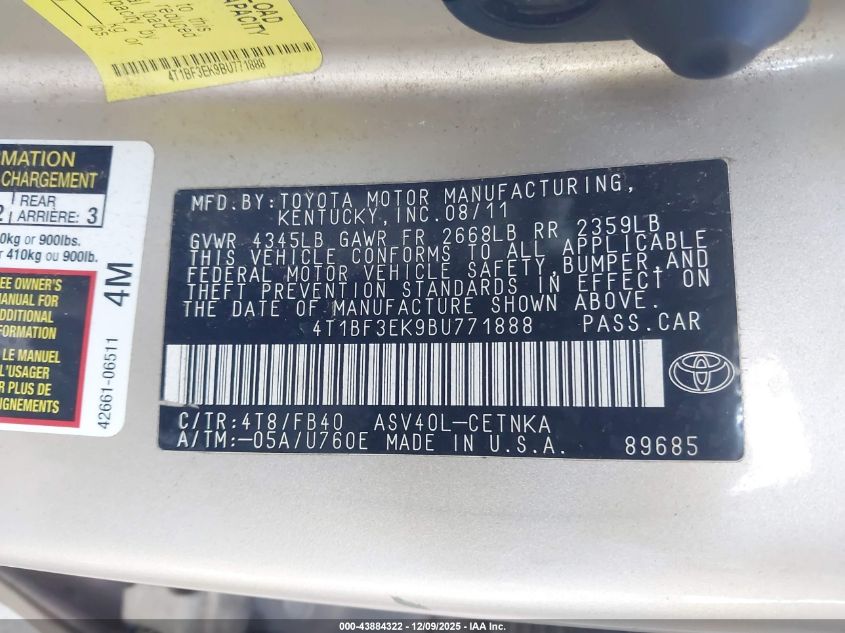 2011 Toyota Camry Le VIN: 4T1BF3EK9BU771888 Lot: 43884322