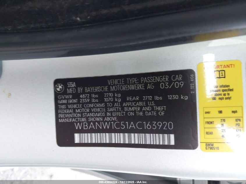 2010 BMW 535I VIN: WBANW1C51AC163920 Lot: 43884324