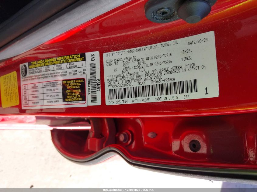 2020 Toyota Tacoma Sr VIN: 5TFAX5GN2LX187431 Lot: 43884330