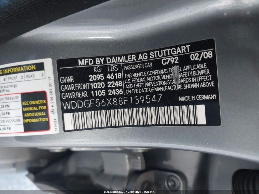 2008 Mercedes-Benz C 350 Sport VIN: WDDGF56X88F139547 Lot: 43884332