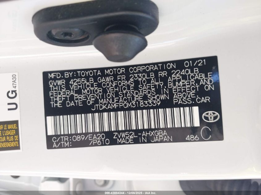 2021 Toyota Prius Prime Limited VIN: JTDKAMFP0M3183339 Lot: 43884344