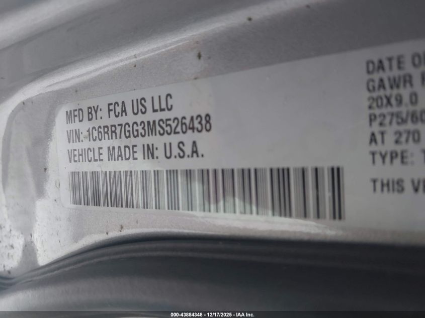 2021 Ram 1500 Classic Warlock 4X4 6'4 Box VIN: 1C6RR7GG3MS526438 Lot: 43884348