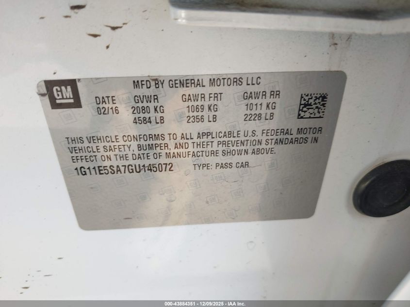 2016 Chevrolet Malibu Limited Ltz VIN: 1G11E5SA7GU145072 Lot: 43884351
