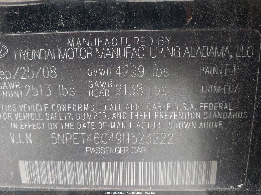 2009 Hyundai Sonata Gls VIN: 5NPET46C49H523222 Lot: 43884357