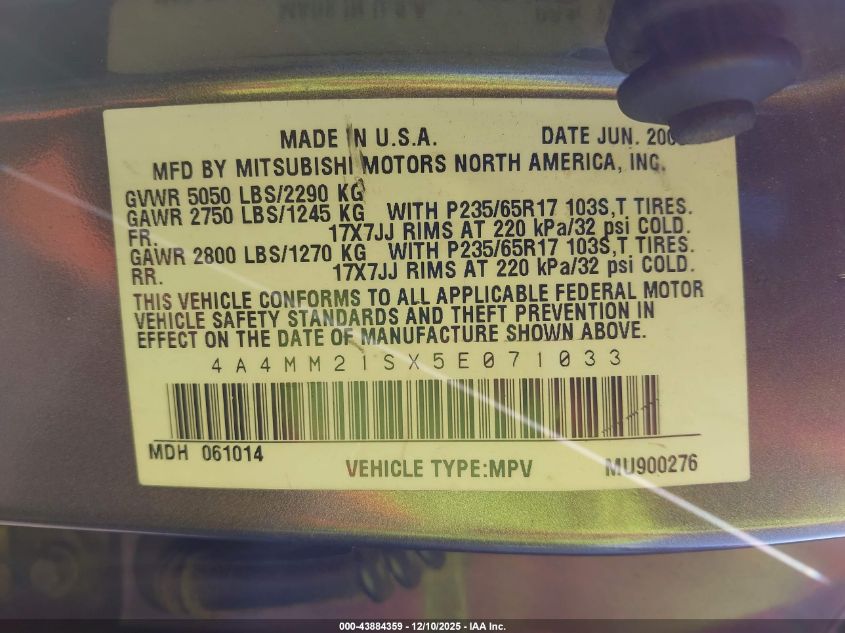 2005 Mitsubishi Endeavor Ls VIN: 4A4MM21SX5E071033 Lot: 43884359